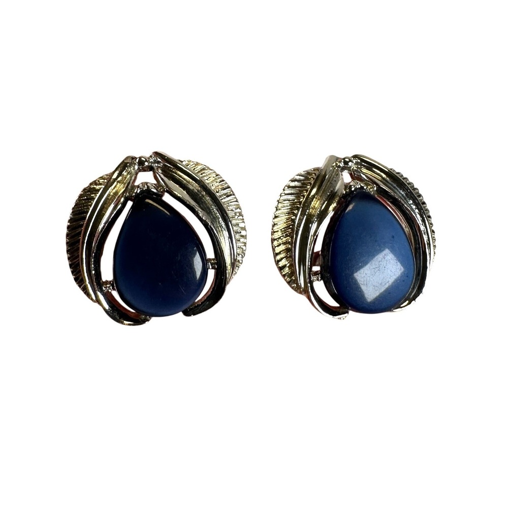 Star Vintage Silver Tone Blue Cabochon Screw Back Clip On Earrings